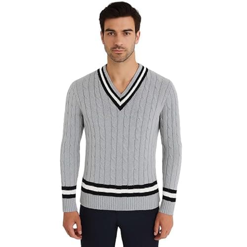 Image of Mens Cable Knit Cricket Jumper Pullover Sweater – Comfortable, Warm, and Perfect for Everyday Wear,Classic,Soft Premium Fabric. (UK, Alpha, M, Regular, Regular, Grey)