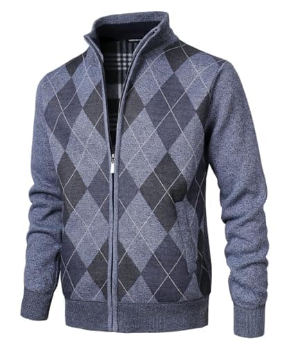 Image of Herothorn Men's Argyle Cardigan Classic Full Zip Diamond Knitwear Fleece Lined Jumper Fine Knit Sweater with Pockets for Autumn Winter Navy Blue