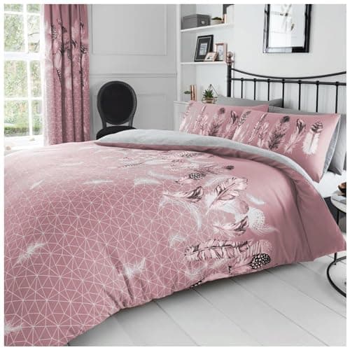 Image of GC GAVENO CAVAILIA Feather Duvet Cover, Polycotton King Size Bedding Sets, Reversible Quilt Cover With Pillowcases, Pink, 3 Pieces