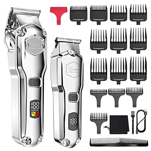 Image of Hatteker Hair Clipper & Trimmer Set for Men IPX7 Waterproof Cordless Barber Clipper for Hair Cutting Kit with T-Blade Trimmer Beard Trimmer Clipper Professional USB Rechargeable (Silver)