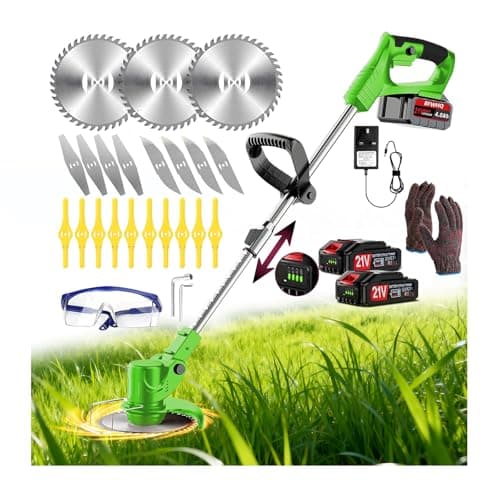 Image of Strimmer Cordless Telescopic Brush Cutter with 2 × 21V Lithium Battery Fast Charger and Four Kinds Spare Blades Metal Blade Cordless Strimmer for Garden Clearing Weeds(Green)