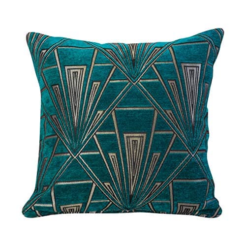 Image of Art Deco Cushion Cover. Double Sided Luxury Velvet Chenille. Teal Blue and Silver Retro Design. 17"x17" Square Pillow. Geometric bold design. 20s and 30s style. Handmade in the UK.