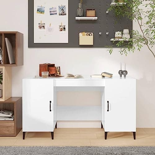 Image of SooIarix Desk High Gloss White Wood Material 140 x 50 x 75 cm Sturdy Computer Desk with Storage Space for Study and Gaming Table Versatile