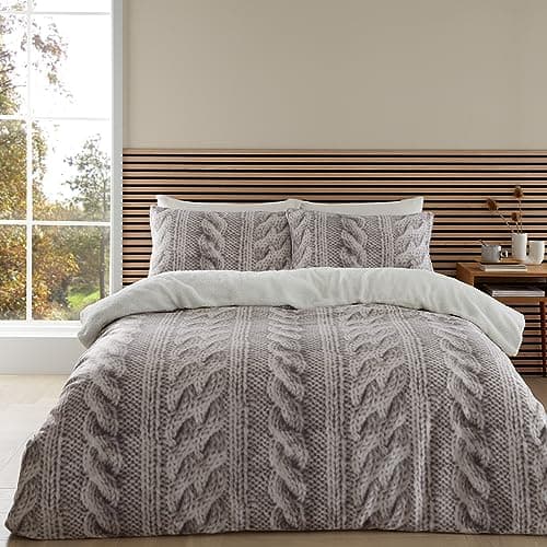 Image of Catherine Lansfield Cosy Warm Cable Knit Fleece Single Duvet Cover Set with Pillowcase Cream