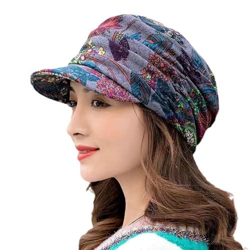 Image of Beanie Hats for Women, Boho Floral Printed Winter Hat Fleece Lined Ladies Beret Hat Warm Peaked Baker Boy Hats with Visor Grey
