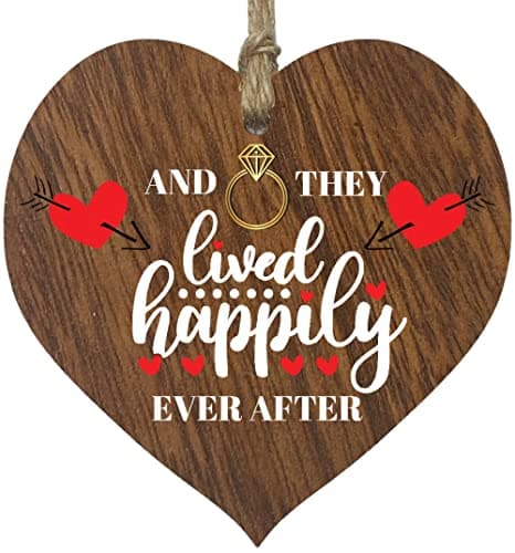 Image of Stuff4 Happily Ever After - Newlyweds Gifts Hanging Wooden Heart Sign Plaque - Dark Wood Hearts Signs Accessories, Wedding Gifts, Bride & Groom Gift, Wedding Present