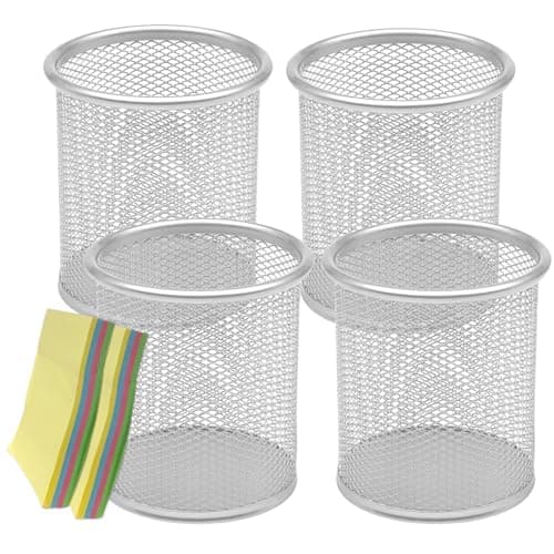 Image of Qualsen Pen Holder for Desk 4 Pack, Pen Pot Mesh Desk Organizer Pencil Holders Desk Pen Holders Stationary Supplies Pencil Pots for Classroom Office, Home, Silver
