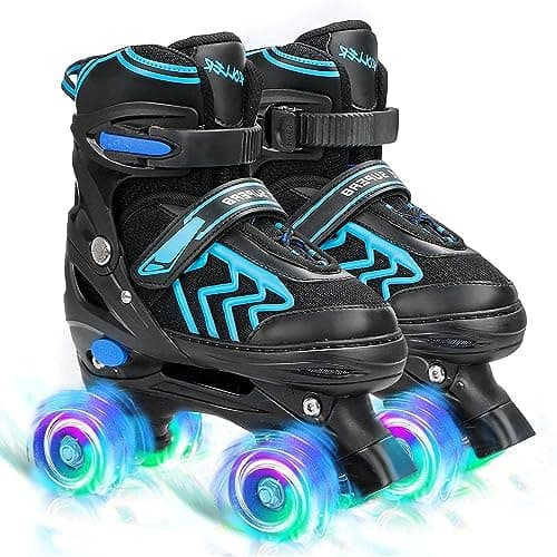 Image of Roller Skates for Kids Adjustable Roller Skates with Light Up Wheels, Fun Illuminating for Boys Girls, Rollerskates for Kids Beginners, Suitable for Indoor Outdoor (Black/Blue, Large/UK 4-7/)