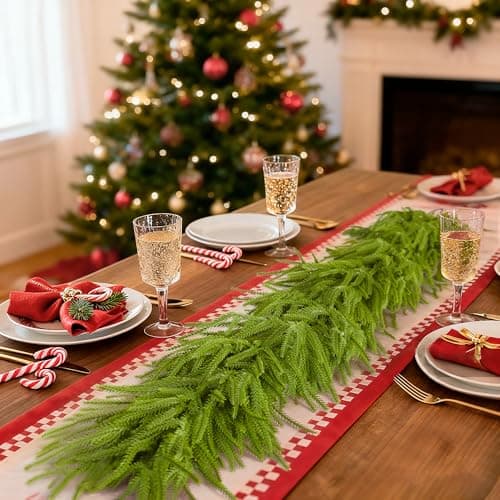 Image of 6FT Christmas PE Norfolk Pine Garland, Realistic Artificial Pine Greenery Garlands, Natural Touch Decoration, Christmas Garland for Mantle, Stairs, Tables, Windows, Indoors & Outdoors (2 PCS)