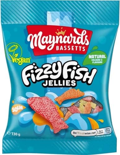 Image of Maynards Bassetts Fizzy Fish Jellies Sweets Bag, Soft & Fizzy Fruity Fish Shaped Candies, 130 g (Pack of 1)