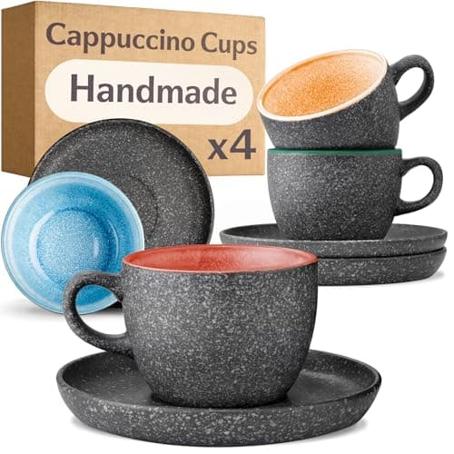 Image of Cosumy Cappuccino Cups and Saucers Set of 4 – 200ml Ceramic Coffee Cups, 𝗘𝘅𝘁𝗿𝗮-𝗧𝗵𝗶𝗰𝗸 Stoneware - Handmade Reactive Glaze - Keeps Warm Longer (Colourful)