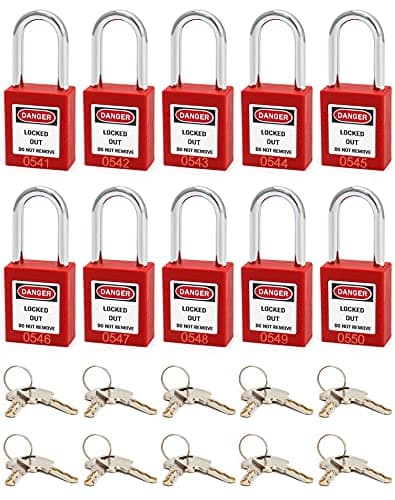 Image of QWORK® Safety Lockout Padlock, 10 Padlocks with 20 Keys, Steel Shackle, Red