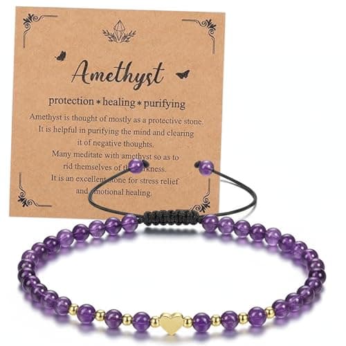 Image of Vfrdsa Crystal Bracelet for Women – 4mm Natural Amethyst Beaded Bracelets with Gold Heart & Spacer Beads, Xmas Gifts, Adjustable, Gift Ideas for UK Birthdays/Christmas, for Mum/Wife/Girlfriend