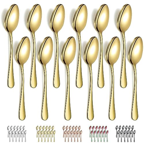Image of Evanda Gold Dinner Spoons 12 Pieces, Gold Titanium Plating Stainless Steel 18.5cm Spoons, Dessert Spoons, Table Spoon, Soup Spoons, Easy To Clean, Dishwasher Safe