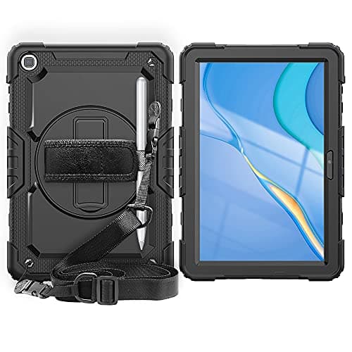 Image of Heavy Duty Shockproof TPU Case for Huawei Matepad T10 9.7 inch/T10s 10.1 Inch 2021,Protective Cover W Screen Protector+Rotating Kickstand+Handle+Shoulder Strap(Black)