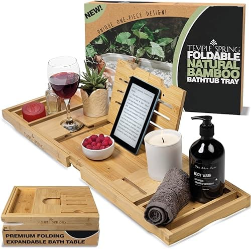 Image of Temple Spring Foldable Bath Tray, Unique Design Wooden Bath Shelf Bathroom Accessory, Home Spa Boards for Adults, Bathtub Caddy, Bamboo Bathroom Accessories Set, Extendable Bathtub Rack – Natural