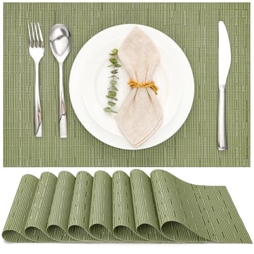 Image of Myir JUN Table Mats Set of 8, Place Mats Table Placemats Washable Non-slip Heat Insulation Woven Vinyl for Kitchen Dinning Restaurant 17"X12" (Green)
