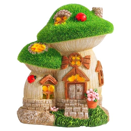 Image of XEERUN Solar Garden Ornaments Outdoor Lights, Green Flocked Solar Fairy House, Fairy Garden Ornaments Outdoor, Waterproof Resin Cute Mushroom Figurine with Solar Lantern, for Patio Yard Lawn Courtyard