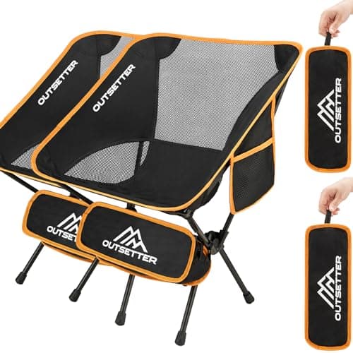 Image of Set of 2 Lightweight Folding Camping Chair Compact Portable Ultralight Fishing Chairs for Adults and Kids Small Camp Beach Chair with Carry Bag Outdoors Lawn Hiking Trip Travel Picnic Garden Orange