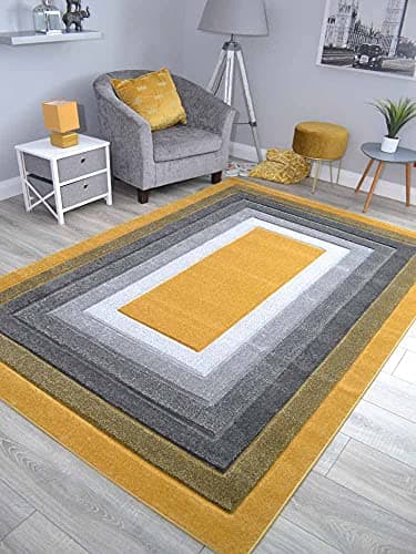 Image of New Hand Carved Ochre Gold Grey Mustard Black Silver Small Extra Large Size House Rugs Cheap (Ochre Gold Border, 120cm x 170cm)