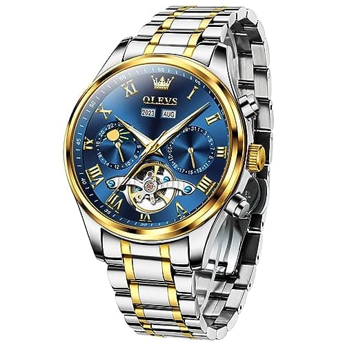 Image of OLEVS Mens Automatic Watches Skeleton Tourbillon Self Winding Diamond Luxury Dress Wrist Watch Stainless Steel Waterproof Luminous Moon Phase Day Date, 7005：Two tone band & Blue dial, Automatic