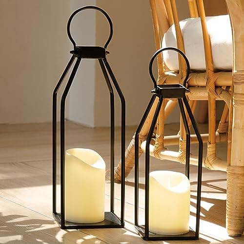Image of Perfnique Modern Farmhouse Lantern Decor, 15'' 13'' Set of 2 Black Metal Lanterns, 2 LED 6hr Timer Flickering Flameless Candles, Lanterns Decorative for Outdoor Decor, Home, Indoor, Patio (Black)