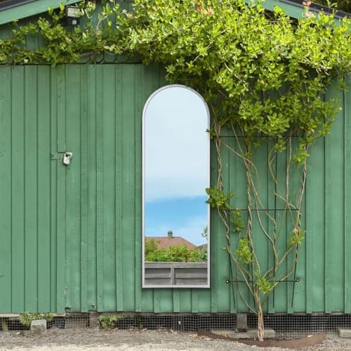 Image of MirrorOutlet The Arcus - White Metal Framed Modern Arched Garden Wall Leaner Mirror 71" X 24" (180CM X 60CM) Silver Mirror Glass with Black All weather Backing.