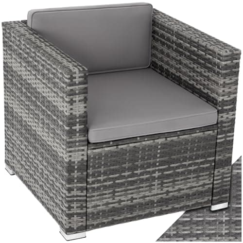 Image of tectake® Cosy Rattan Garden Armchair, UV-Resistant Poly-Rattan, Steel Frame, Removable Water-Repellent Washable Covers, Easy Clean Single Sofa Chair for Patio, Conservatory, Summer House - grey