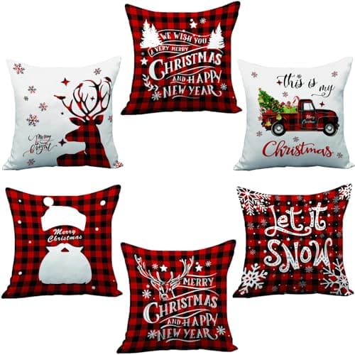 Image of AMLOOPH Christmas Cushion Covers Set Of 6, Christmas Decorations Indoor Decor Red Black Strip Tartan Sofa Cushion Covers 45 X 45 cm Soft Plush Christmas Throw Pillow Covers Cases For Xmas Decorations