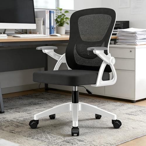 Image of EOXCIIU Mesh Chair with 90° Flip-Up Armrests, Height Adjustable Ergonomic Office Chair, White-Black Swivel Desk Chair for Home Office