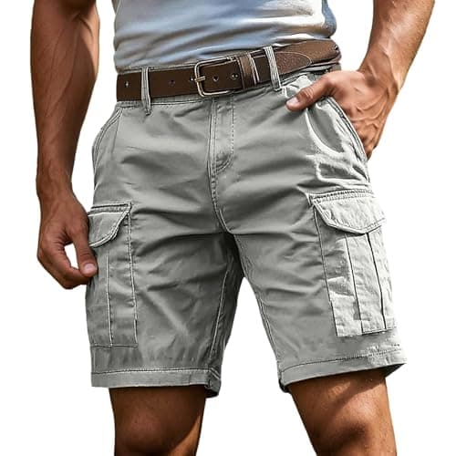 Image of Cargo Combat Shorts for Men UK Casual Summer Cargo Half Pants with Multi-Pockets Breathable Chino Utility Casual Comfort Stretch Workwear Shorts No Belt Summer Outdoor Hiking Pants for Men Light Gray