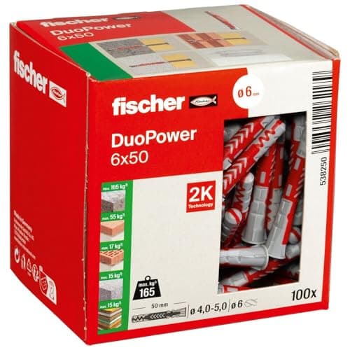 Image of Fischer DuoPower 6 x 50, Powerful Universal Plug with Intelligent 2-Component Technology for fastenings in Concrete, Bricks, Gypsum plasterboard, chipboard, etc, 100 Plugs Without Screws
