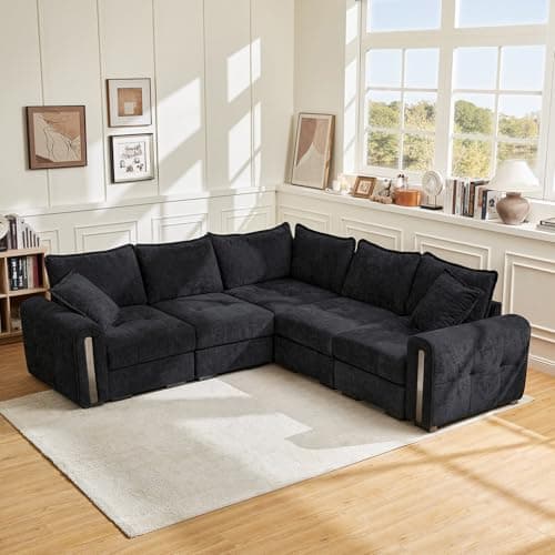 Image of Vesgantti Corner Sofa in Black, 5 Seater Modular Couch for Living Room, Deep Seat Soft Chenille Sectional Sofa, Convertible L Shaped Sofas with Storage, 2C2 Corner