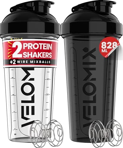 Image of VELOMIX -2 PACK- 828ml Protein Shaker Bottle -2x Wire Mixball | Leak Proof Shaker For Protein Shakes | Large, Stackable Protein Shake Bottle | Dishwasher Safe Gym Bottle (Black/Transparent)