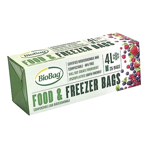 Image of BioBag 4L Food and Freezer 25 Eco-Friendly, Micro Plastic Free Kitchen Bags, Plant-Based bioplastic (Corn Starch & Biodegradable polymers), Certified compostable (EN13432), 4 litres, Clear