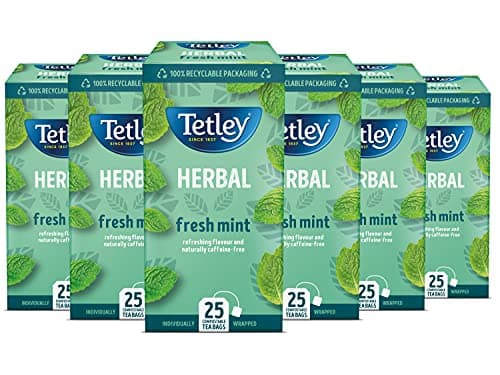 Image of Tetley Fresh Mint Tea Bags - Refreshing Peppermint & Spearmint Blend - Naturally Caffeine-Free - Smooth & Cooling Herbal Infusion - Rainforest Alliance Certified - 150 Teabags (6x25 Pack)