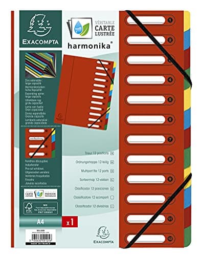 Image of Exacompta - Ref 55125E - Harmonika Multipart File - 24.5 x 32cm in Size, Suitable for A4 Documents, 12 Multi-Coloured Tabbed Sections, Premium Pressboard Cover - Red Cover