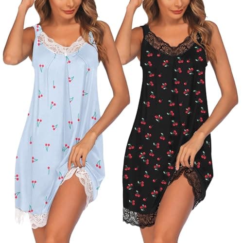 Image of Ekouaer Women's Nightgown V-neck Chemise Sleepwear Lace Nightwear Soft Lingerie for Women 2pcs black+blue cherry XL