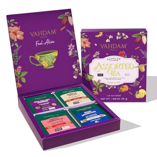 Image of VAHDAM, Assorted Tea in Presentation Box (24 Variants, 24 Pyramid Tea Bags) Long Leaf Pyramid Variety Pack | Premium Tea Gifts | Gifts for Women & Men