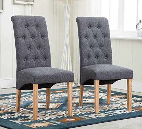 Image of folk Set of 2 x Dining Chairs Kitchen Side Dining Chairs Upholstered Seat for Counter Lounge Living Room Corner Accent with Backrest & Soft Seat Wood Legs Reception Linen (Dark Grey)