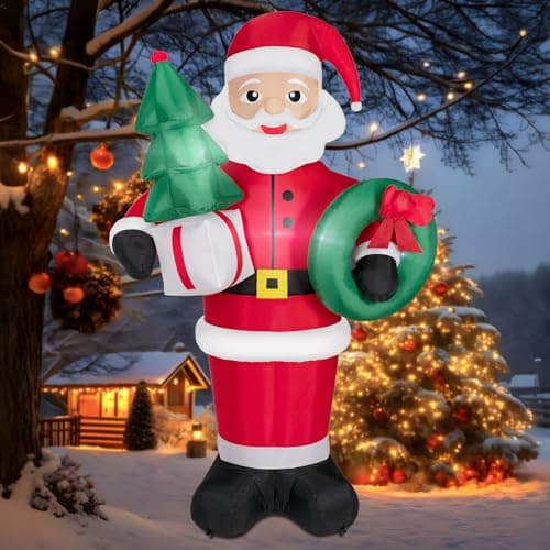 Image of Kendane 8FT Christmas Santa Inflatable Claus with Garland Tree Decorations, Large Christmas Lights for Outdoor and Indoor Yard Outside Decoration