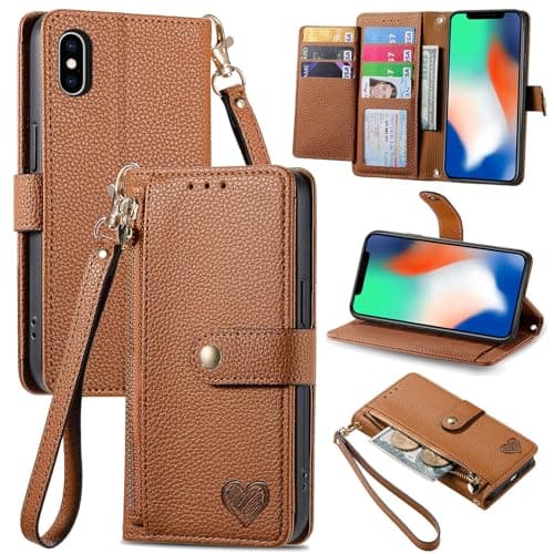 Image of VEEMOS Zipper Wallet Case for Apple iPhone XS Max Phone Case with Purse Card Holders RFID Blocking Leather Flip Case Book Cover Wrist Strap Women - Brown