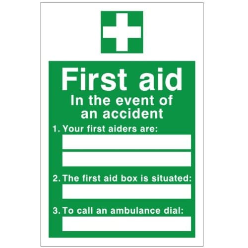 Image of First Aid In The Event Of An Accident Sign (Self Adhesive Vinyl, 150mm x 200mm)