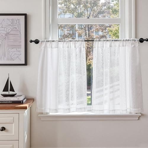 Image of TOPICK White Voile Net Kitchen Curtains with Leaf Pattern 24 Inch Drop Sheer Light Filtering Cafe Curtains Short Curtain Tiers for Bathroom RV Cabinet Cupboard Rod Pocket 2 Panels