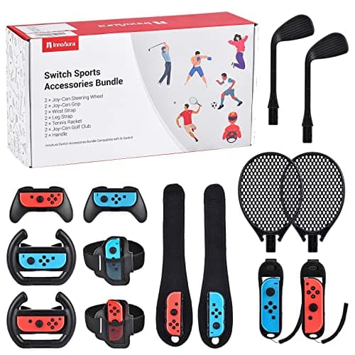 Image of 14 in 1 Switch Sports Accessories Bundle, innoAura Switch Sports Bundle with Switch Steering Wheel, Joycon Grip, Tennis Racket, Glof Club, Wrist Strap, Leg Strap Compatible with Switch/Switch OLED