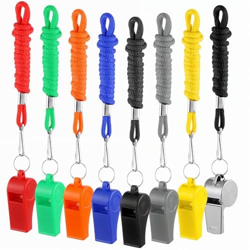 Image of 8 PCS Whistles with Lanyard, Colorful Plastic Sports Whistles Loud Crisp Sound Teacher Whistle for School Sports Training, Football, Referee, Emergency Survival, Camping, Lifeguard, Party Whistle