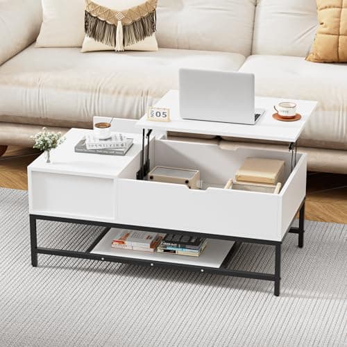 Image of BonVache Wooden Lift Top Coffee Table with Storage - Hidden Compartment + Drawer + Open Shelf, Sofa Side Lifting Table Rectangle Tea Desk, for Living Room Office Modern Home