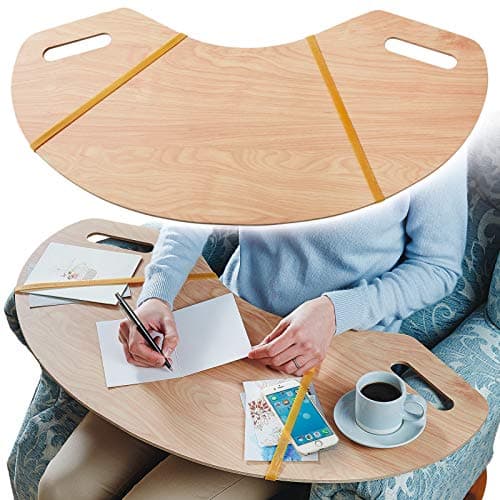 Image of Armchair Lap Table Tray – Lightweight & Portable Gently Curved Wood Effect Chair Desk or Laptop Stand with Two Carry Handles - Measures W80 x D38 x 0.5cm
