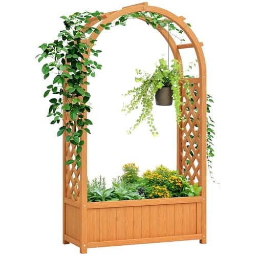 Image of Outsunny Wooden Raised Garden Bed with Arch Trellis, Fabric Liner, Garden Planter Box with Drainage Holes, Trellis Planter for Vine Climbing Plants, Flowers, Herbs, Vegetables, 83 x 36 x 145 cm