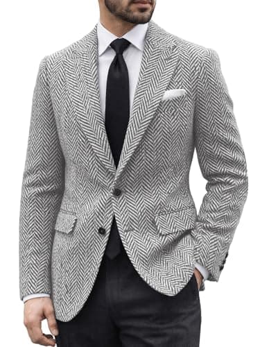 Image of DRCUIVS Men's Herringbone Tweed Blazer Wool Blend Tailored Fit Single Breasted Two Button Suit Jacket Business, Gray, XL